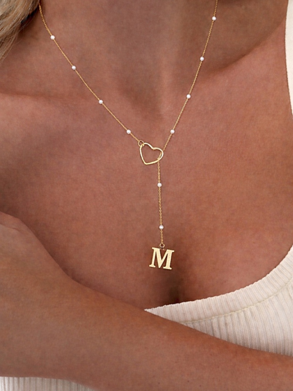 Initial M Heart YNecklace | Pearl Beaded Lariat Minimalist Jewelry